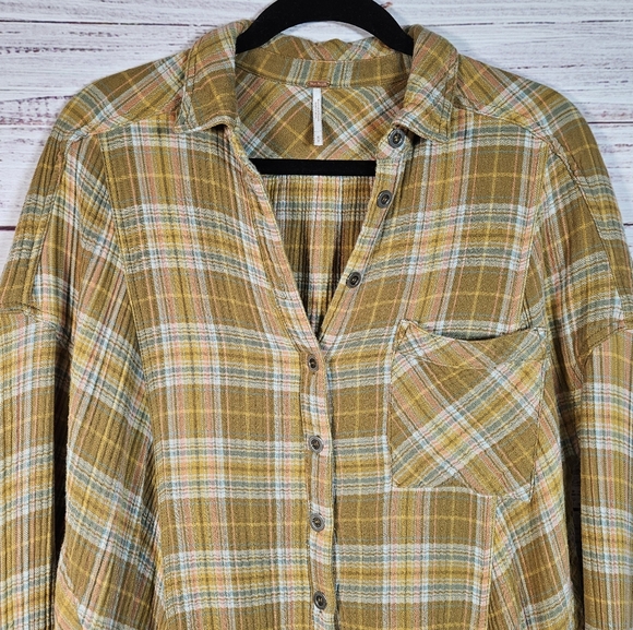 Free People olive green plaid button down top - Picture 4 of 16